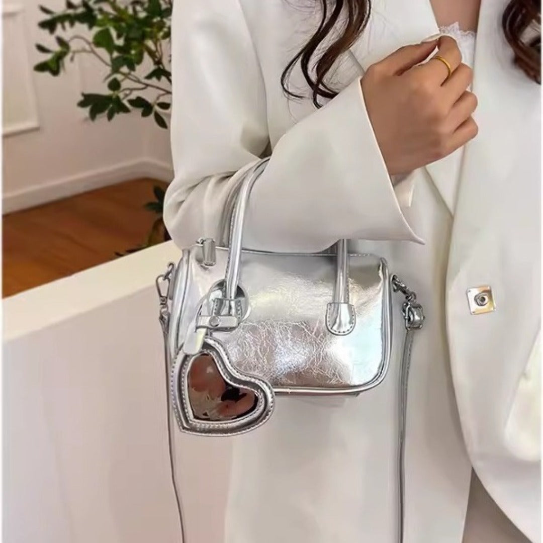 Bolso de mano mini plateado, bolso de hombro y bandolera de verano para mujer, versátil bolso cuadrado pequeño tipo love, mini bolso con asa superior