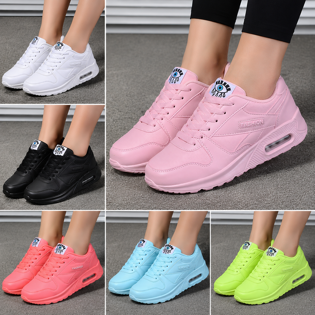 Zapatillas deportivas de plataforma para mujer, transpirables, con cámara de aire, ligeras, de estilo casual para caminar o hacer deporte, en colores verde, negro y rosa.