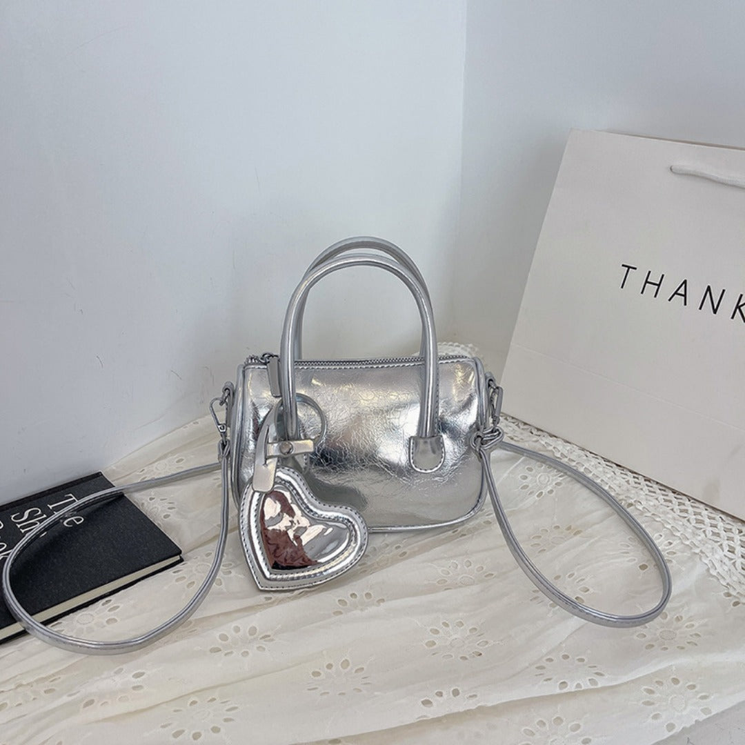 Bolso de mano mini plateado, bolso de hombro y bandolera de verano para mujer, versátil bolso cuadrado pequeño tipo love, mini bolso con asa superior