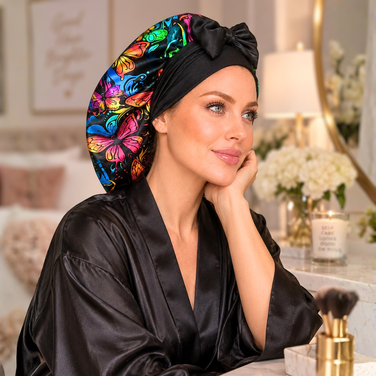 Bonnet de nuit en satin – Lien ajustable extensible